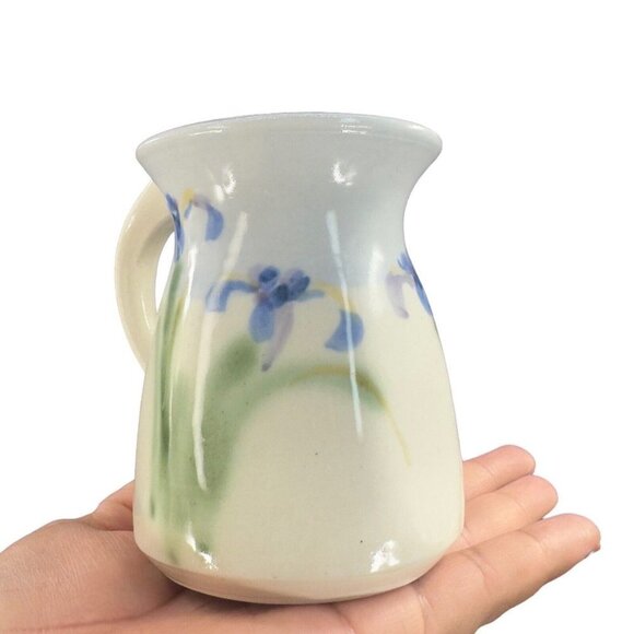 Studio Art Pottery Coffee Mug Cup Set 2 Hand Made Mugs Blue Green Flower Signed - Picture 12 of 14